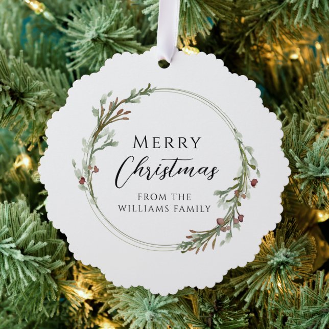 Elegant Minimal Wreath Merry Christmas Ornament Card (Insitu (Tree))