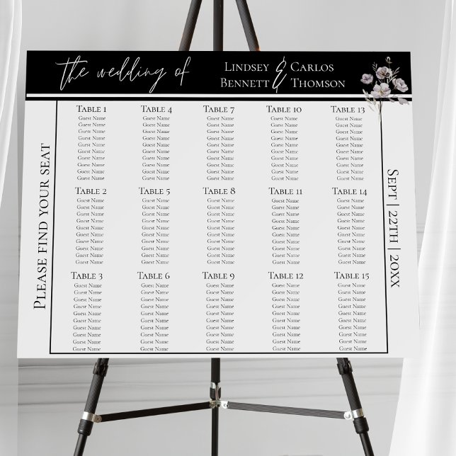 Elegant Minimalist 15 Tables Black Seating Chart Foam Board (Creator Uploaded)
