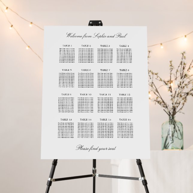 Elegant Minimalist 16 Table Seating Chart Foam Board (In Situ (Stand))