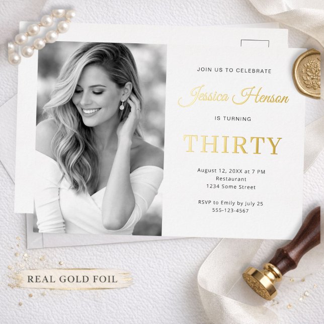 Elegant Minimalist 30th Birthday Photo Party Gold Foil Invitation (Creator Uploaded)