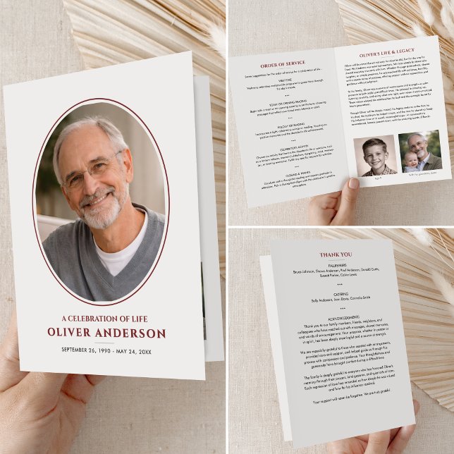 Elegant Minimalist 3-Photo Folded Funeral Program (Creator Uploaded)