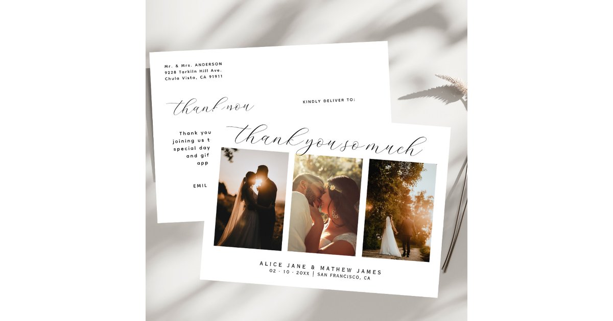 Elegant Minimalist 3 Photos Thank You Wedding Card | Zazzle
