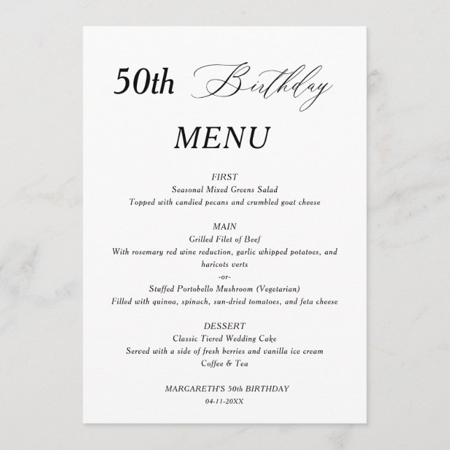 Elegant Minimalist 50th Birthday Menu (Front)