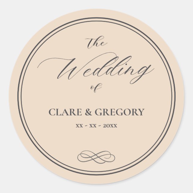 Elegant Minimalist Almond Gray Wedding Classic Round Sticker (Front)