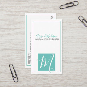Elegant Minimalist Aqua + Script #Monogram Business Card