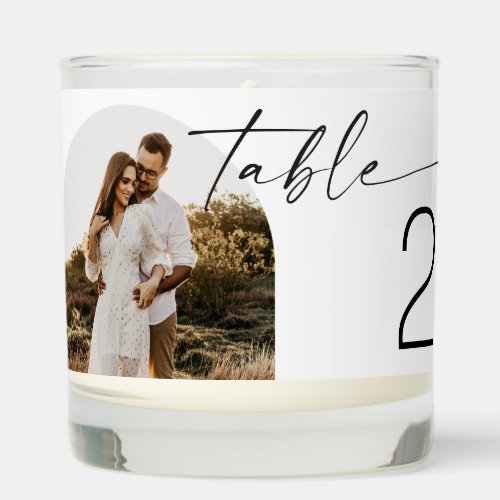 Elegant minimalist arch photo wedding table number scented candle