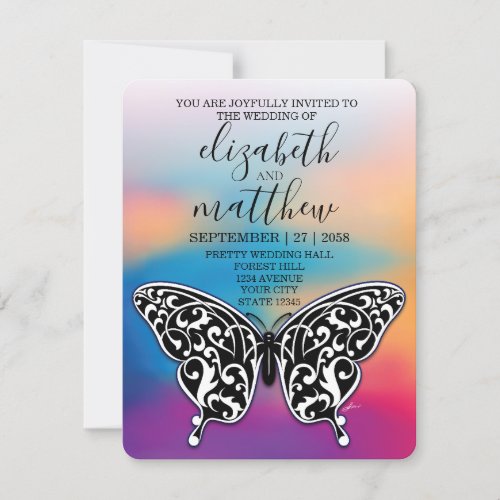 Elegant Minimalist BW Butterfly ans Sunset Invitation