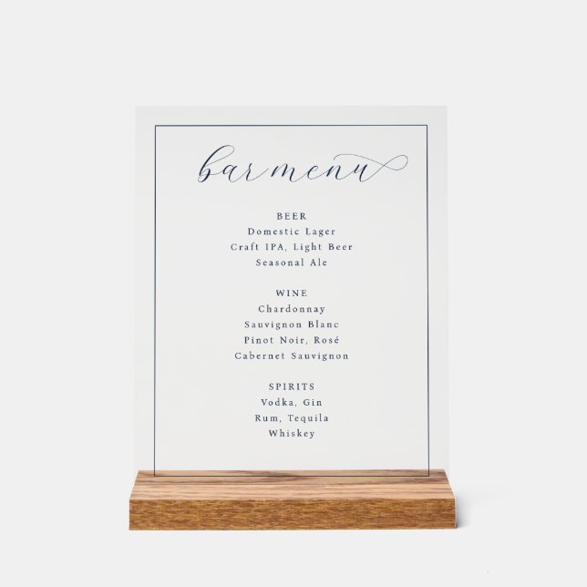 Elegant Minimalist Bar Menu Acrylic Sign (Front)