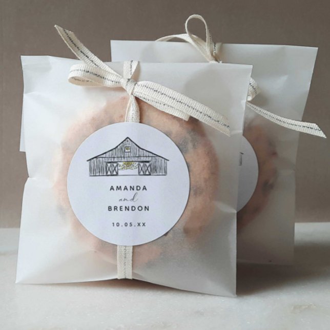 Elegant Minimalist Barn Wedding Classic Round Sticker (Creator Uploaded)