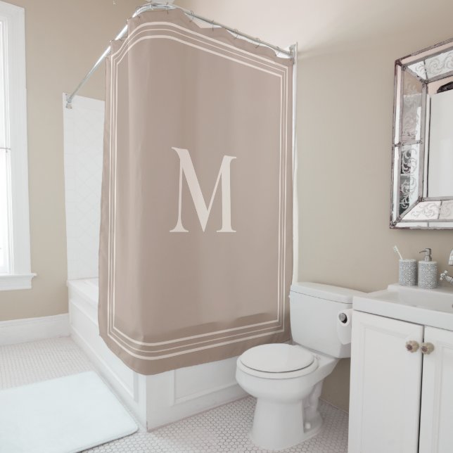 Elegant Minimalist Beige Monogram Shower Curtain (In Situ)