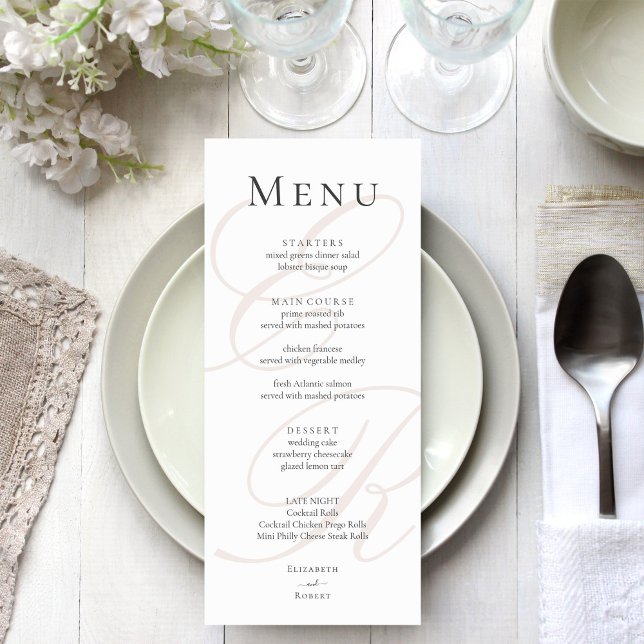 Elegant Minimalist Beige Monogram Wedding Menu (Elegant Minimalist Beige Monogram Wedding Menu on an elegant wedding table)