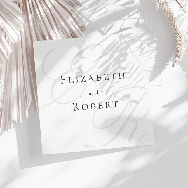 Elegant Minimalist Beige Monogram Wedding Napkins (Elegant Minimalist Beige Monogram Wedding Napkins on a sunny table with neutral dry botanicals)