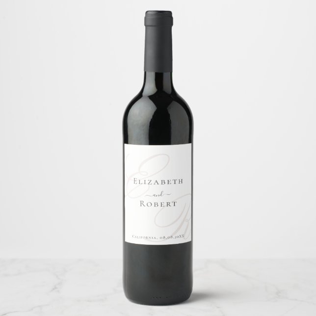 Elegant Minimalist Beige Monogram Wedding Wine Label (Front)