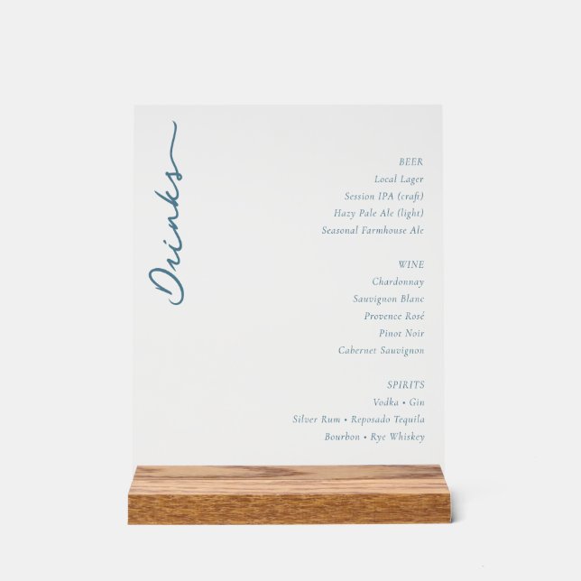 Elegant Minimalist Beverage Guide Blue Serif Acrylic Sign (Front)