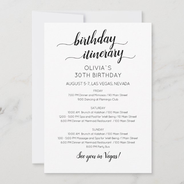 Elegant Minimalist Birthday Itinerary Invitation (Front)