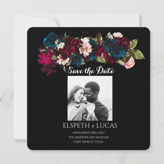 Elegant Minimalist Black and Floral Wedding Save The Date (Front)