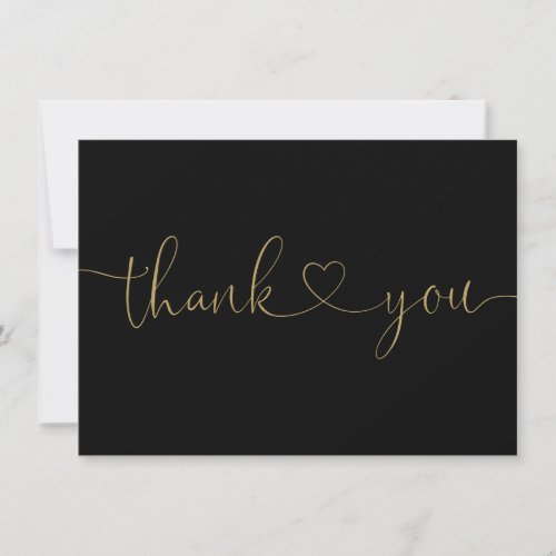 Elegant Minimalist Black And Gold Script Heart  Thank You Card - Featuring an elegant gold thank you love heart script on a black background. You can personalize with your own thank you message on the reverse or if you prefer to add your own handwritten message delete the text. A perfect way to say thank you! Designed by Thisisnotme©