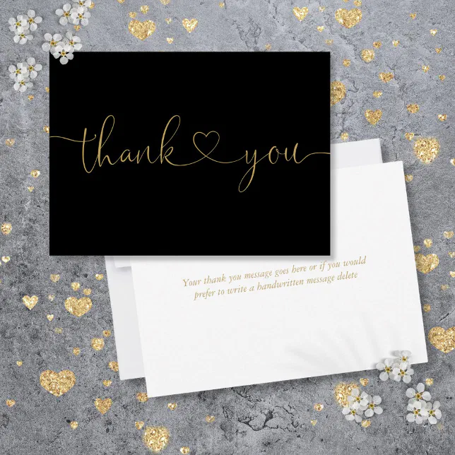 Elegant Minimalist Black And Gold Script Heart Thank You Card | Zazzle