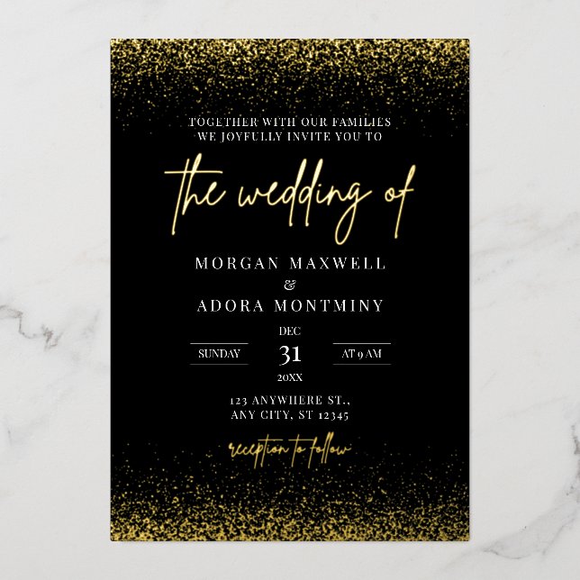 Elegant Minimalist Black and Gold Wedding Foil Invitation (Front)