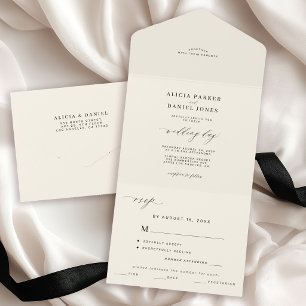 Elegant minimalist black and ivory simple wedding all in one invitation