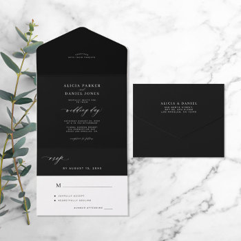 Elegant Minimalist Black And White Dark Wedding All In One Invitation by invitations_kits at Zazzle