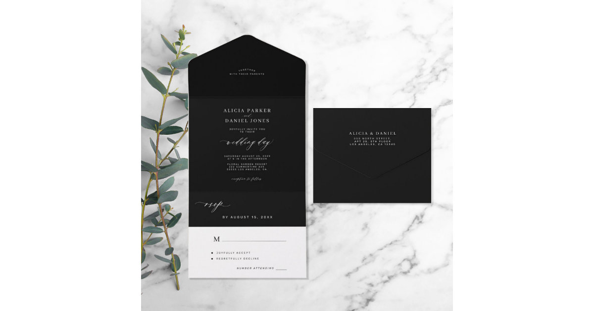 Elegant minimalist black and white dark wedding all in one invitation ...