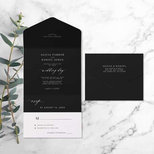 Elegant minimalist black and white dark wedding all in one invitation
