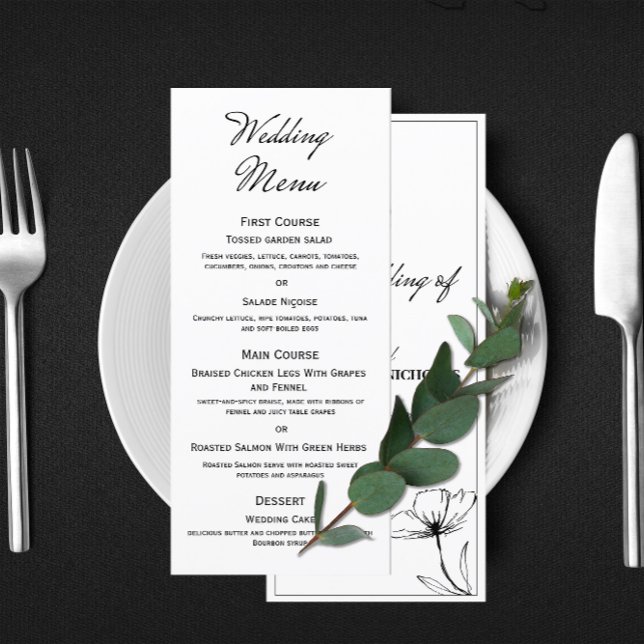 Elegant Minimalist Black and White Floral Wedding Menu (Creator Uploaded)