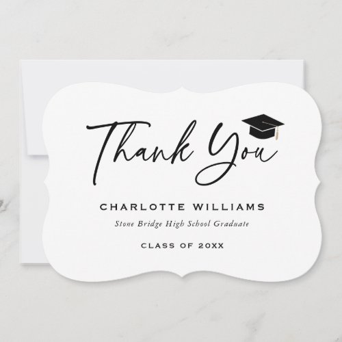 Elegant Minimalist Black and White Graduation Cap Thank You Card