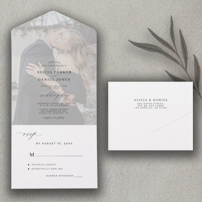 Elegant minimalist black and white photo wedding all in one invitation (Creator Uploaded)