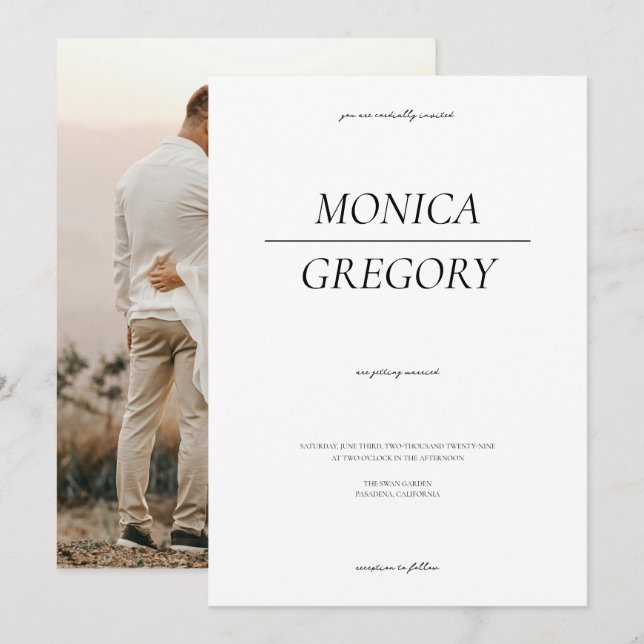 Elegant Minimalist Black and White Photo Wedding Invitation (Front/Back)