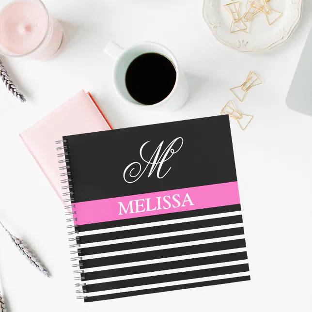 Elegant Minimalist Black and White Pink Ribbon Notebook | Zazzle