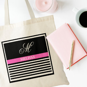 Elegant Minimalist Black and White Pink Ribbon Tote Bag