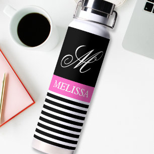 Elegant Minimalist Black and White Pink Ribbon Water Bottle