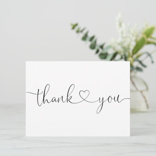 Elegant Minimalist Black And White Script Heart Thank You Card | Zazzle