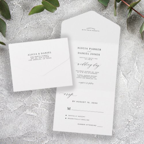 Elegant minimalist black and white simple wedding all in one invitation