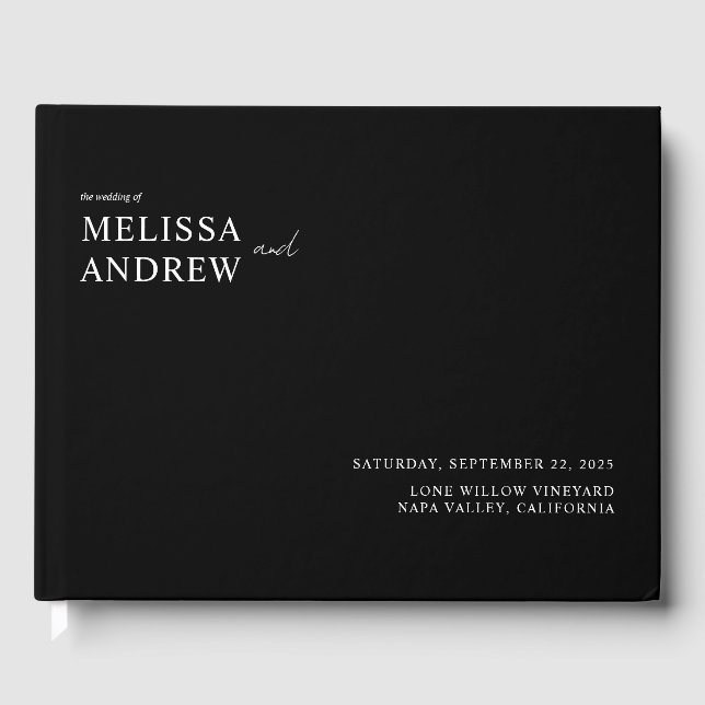 Elegant Minimalist Black and White Wedding Guest Book (Front)