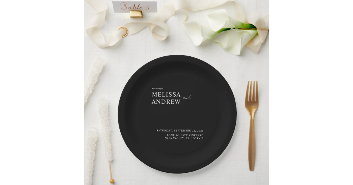 Elegant Minimalist Black and White Wedding Paper Plates | Zazzle