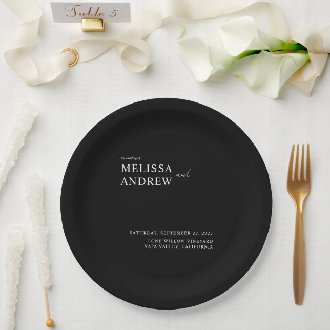 Elegant Minimalist Black and White Wedding Paper Plates (Wedding)