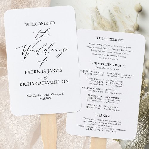 Elegant Minimalist Black And White Wedding Program Hand Fan