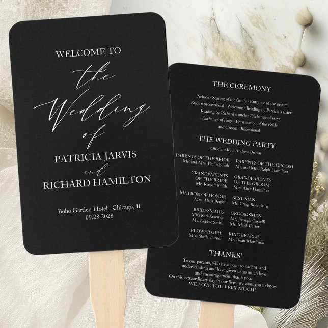 Elegant Minimalist Black And White Wedding Program Hand Fan (Creator Uploaded)