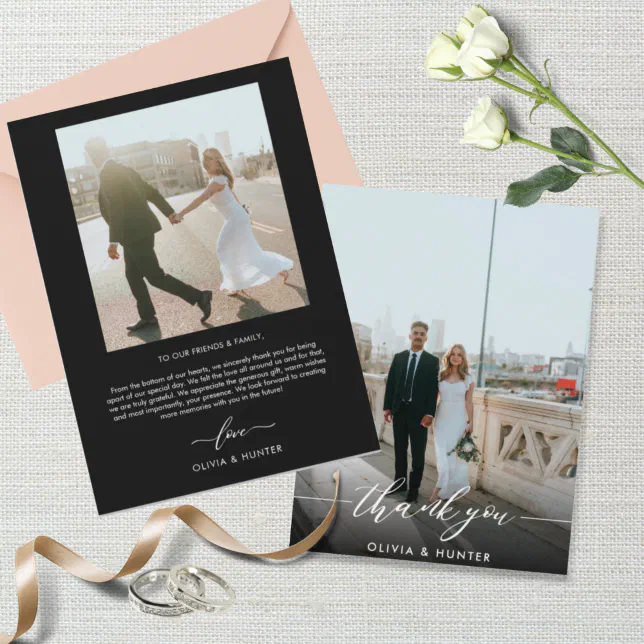 Elegant Minimalist Black Calligraphy Photo Thank You Card | Zazzle