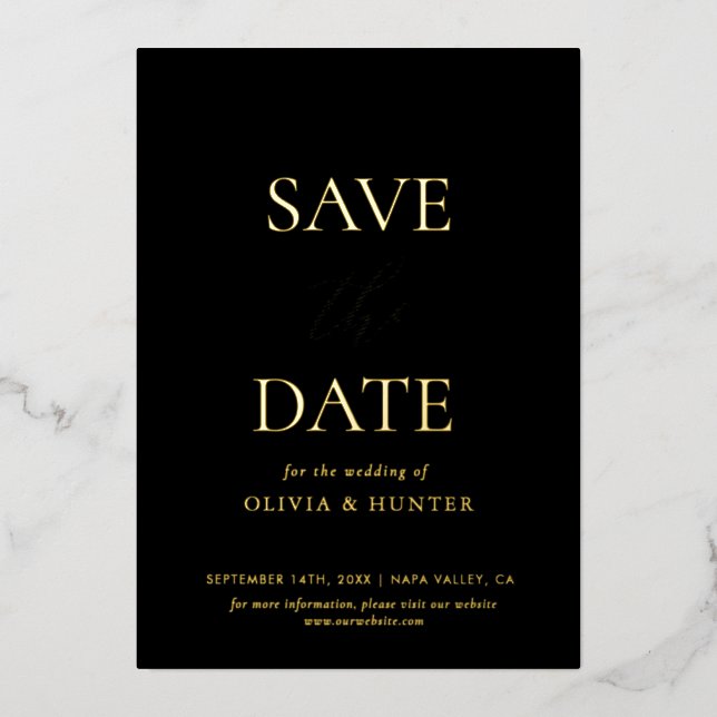 Elegant Minimalist Black Calligraphy Save The Date Foil Invitation (Front)