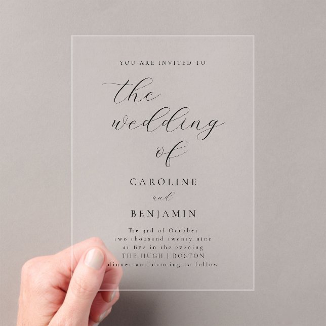 Elegant Minimalist Black Calligraphy Wedding Clear Acrylic Invitations (Insitu (Handheld))