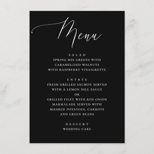 Elegant Minimalist Black Calligraphy Wedding Menu (Front)