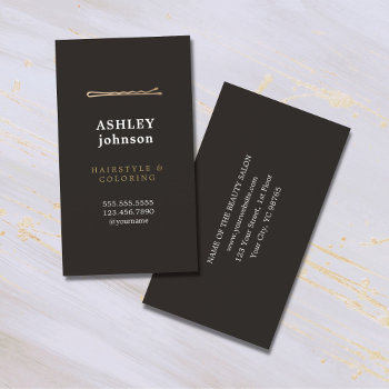 Elegant Minimalist Black Faux Gold Hairdresser Business Card by pro_business_card at Zazzle