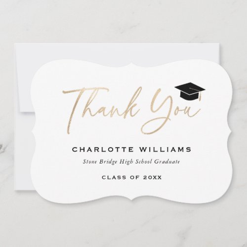 Elegant Minimalist Black Gold Foil Graduation Cap Thank You Card