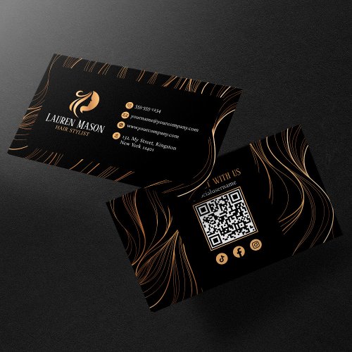 Elegant Minimalist Black Gold HairStylist QR Code Business Card