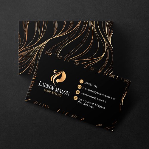 Elegant Minimalist Black Gold HairStylist Salon Business Card