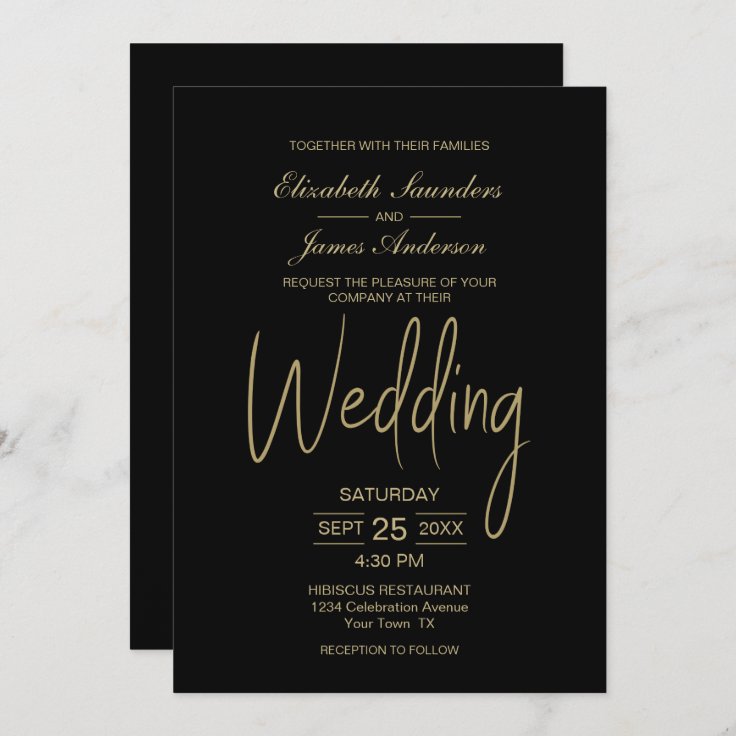 Elegant Minimalist Black Gold Wedding Invitation | Zazzle